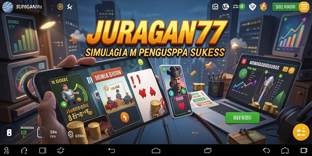 Tangkapan layar menunjukkan gameplay simulas bisnis JURAGAN77 yang dinamis.