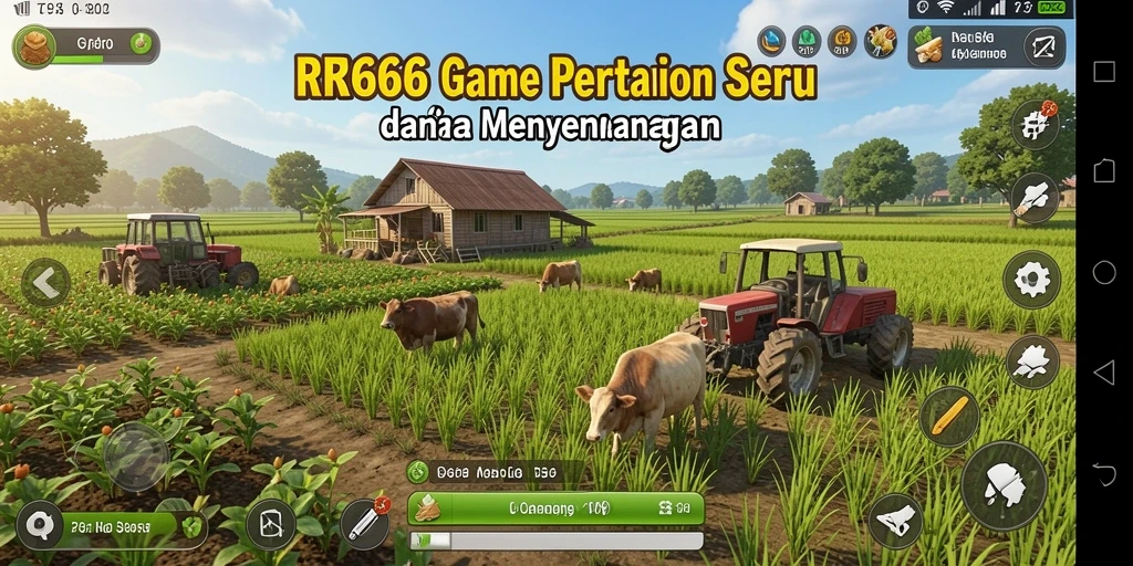 Tampilan gameplay RR666 menunjukkan ladang pertanian yang subur dan beragam tanaman.
