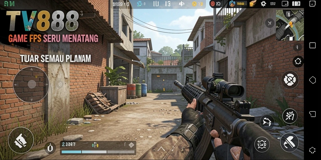 Screenshot utama TV888 menampilkan aksi tembak-menembak seru dalam permainan FPS.